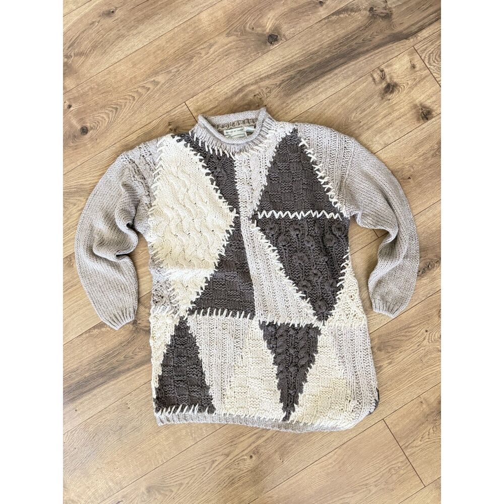 EXTRA SHENANIGANS 18 XL Hand Knitted geometric neutral mockneck sweater baggy